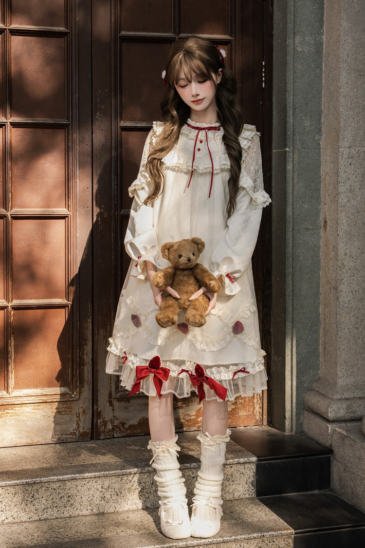 Sweet Lolita Dress - Strawberry Cream Cake, Ivory, Stand Collar, Lace Trim, Ruffled - additional product view 12