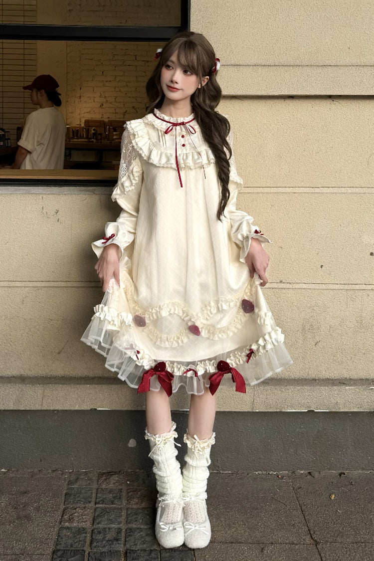 Sweet Lolita Dress - Strawberry Cream Cake, Ivory, Stand Collar, Lace Trim, Ruffled - additional product view 13