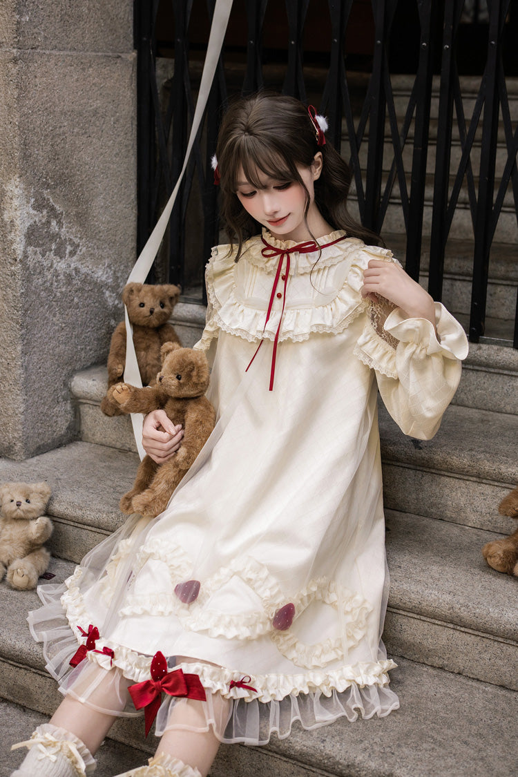 Sweet Lolita Dress - Strawberry Cream Cake, Ivory, Stand Collar, Lace Trim, Ruffled - additional product view 15