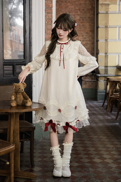 Sweet Lolita Dress - Strawberry Cream Cake, Ivory, Stand Collar, Lace Trim, Ruffled - additional product view 16