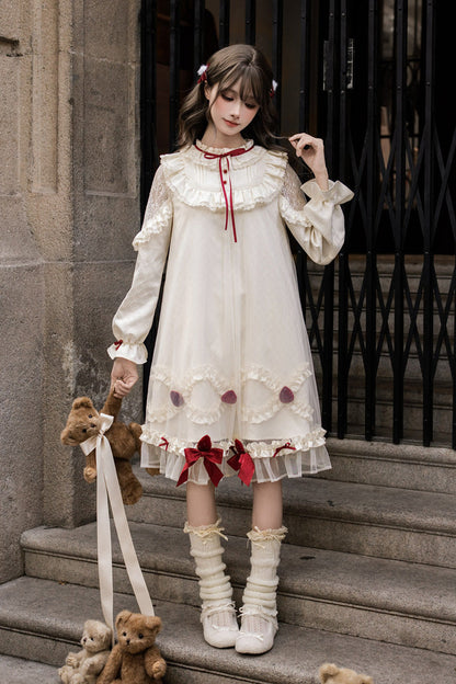 Sweet Lolita Dress - Strawberry Cream Cake, Ivory, Stand Collar, Lace Trim, Ruffled - main product image