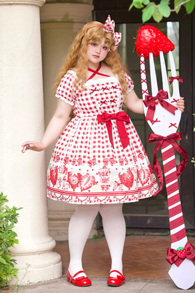 Sweet Lolita Dress - Strawberry Plaid Print Bowknot, Red, Plaid, Plus Size, Printed - additional product view 2