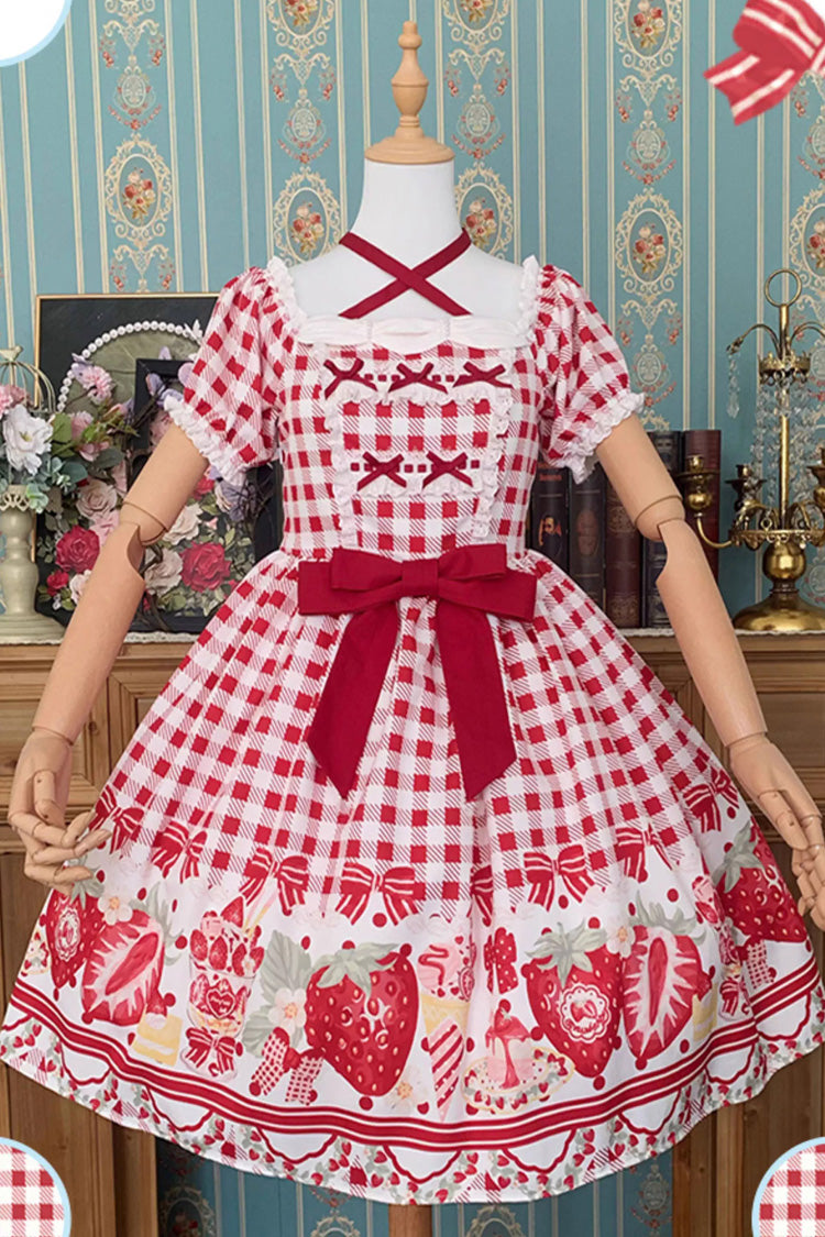 Sweet Lolita Dress - Strawberry Plaid Print Bowknot, Red, Plaid, Plus Size, Printed - additional product view 3