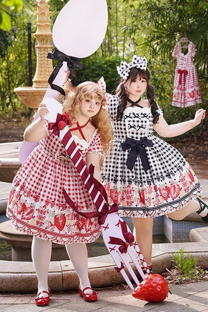 Sweet Lolita Dress - Strawberry Plaid Print Bowknot, Red, Plaid, Plus Size, Printed - additional product view 4