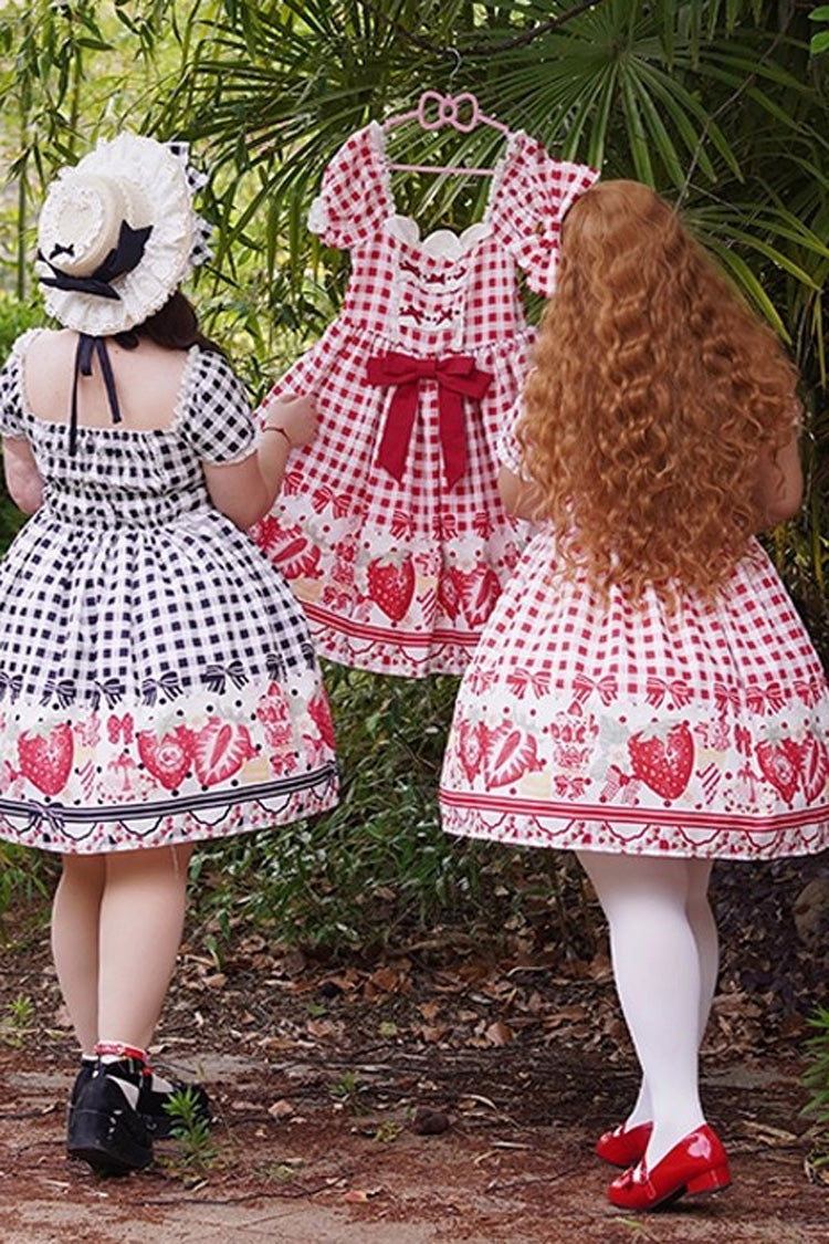 Sweet Lolita Dress - Strawberry Plaid Print Bowknot, Red, Plaid, Plus Size, Printed - additional product view 5