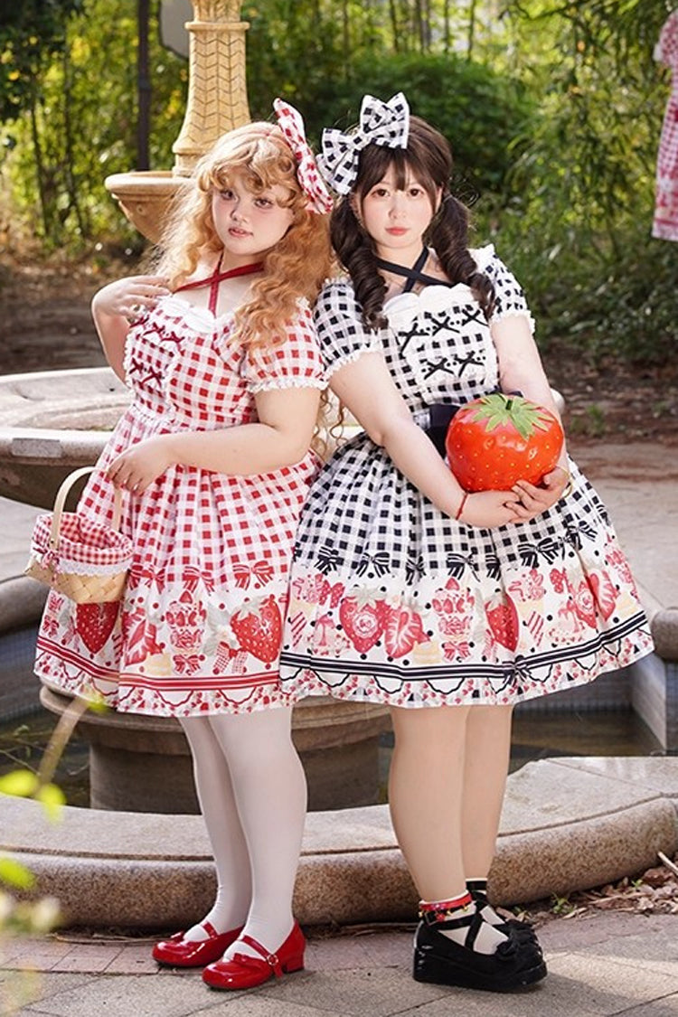 Sweet Lolita Dress - Strawberry Plaid Print Bowknot, Red, Plaid, Plus Size, Printed - additional product view 6