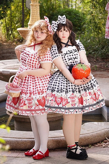 Sweet Lolita Dress - Strawberry Plaid Print Bowknot, Red, Plaid, Plus Size, Printed - additional product view 6