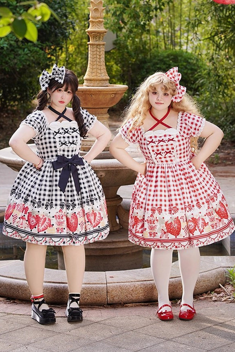 Sweet Lolita Dress - Strawberry Plaid Print Bowknot, Red, Plaid, Plus Size, Printed - additional product view 7