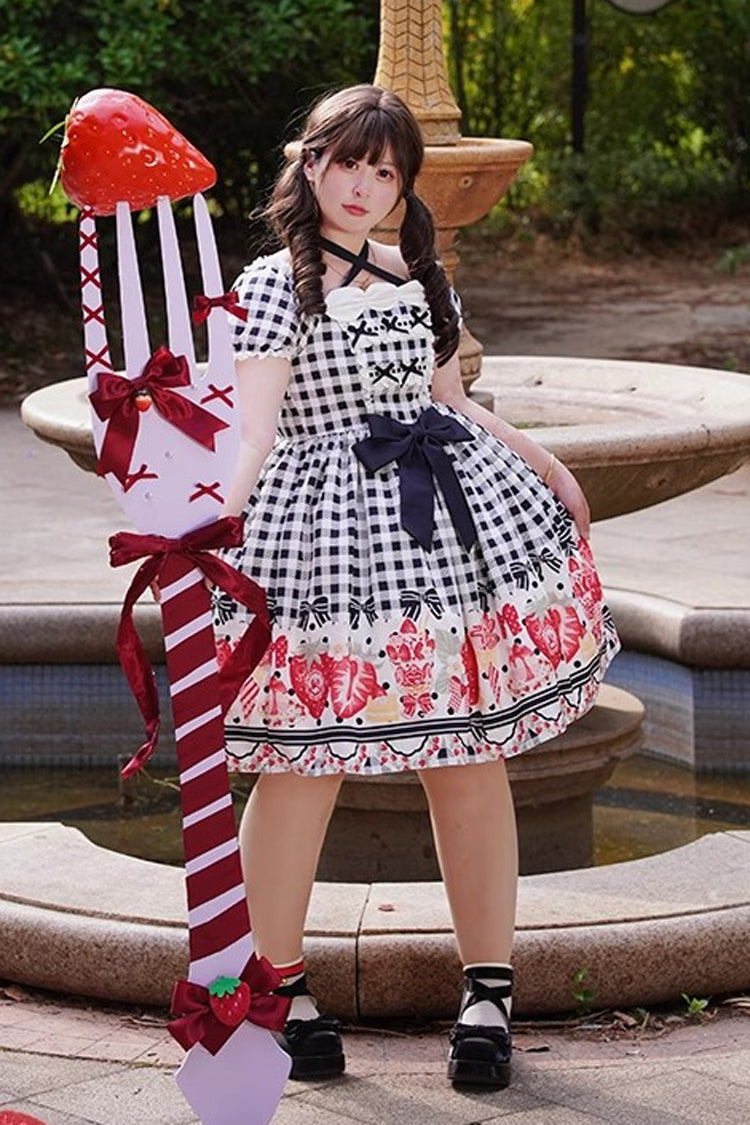 Sweet Lolita Dress - Strawberry Plaid Print Bowknot, Red, Plaid, Plus Size, Printed - additional product view 8