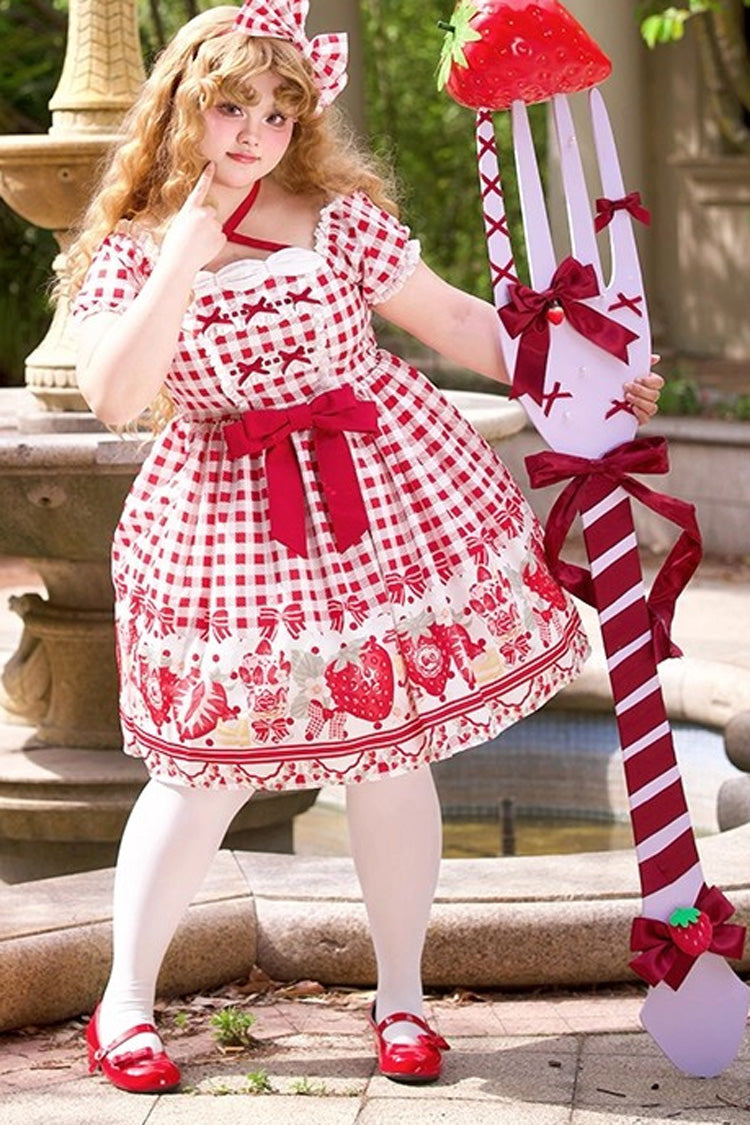 Sweet Lolita Dress - Strawberry Plaid Print Bowknot, Red, Plaid, Plus Size, Printed - additional product view 9