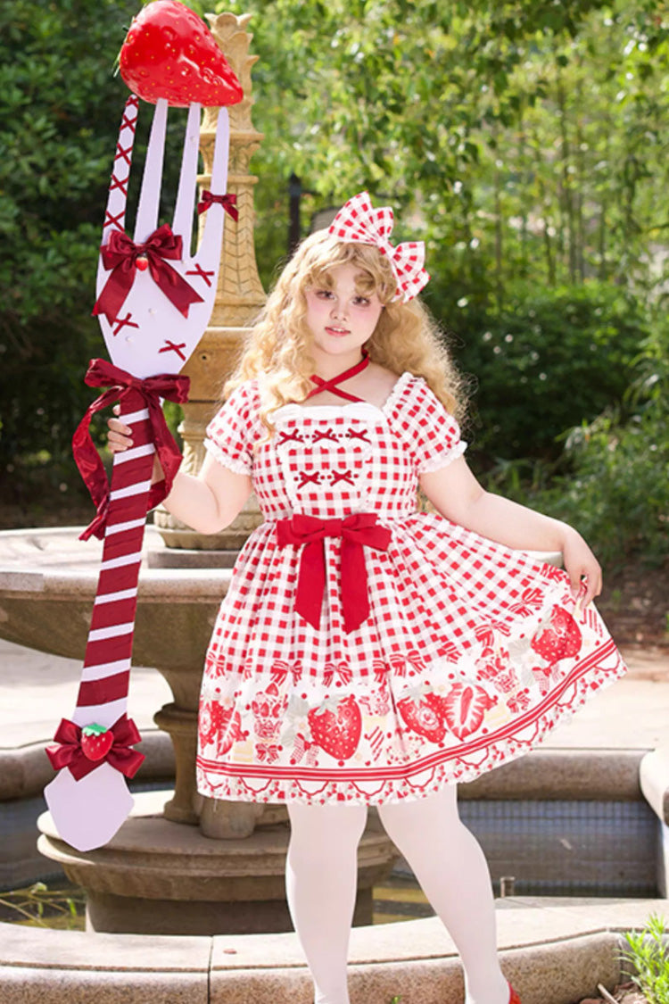 Sweet Lolita Dress - Strawberry Plaid Print Bowknot, Red, Plaid, Plus Size, Printed - additional product view 10