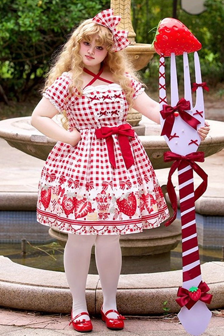 Sweet Lolita Dress - Strawberry Plaid Print Bowknot, Red, Plaid, Plus Size, Printed - main product image
