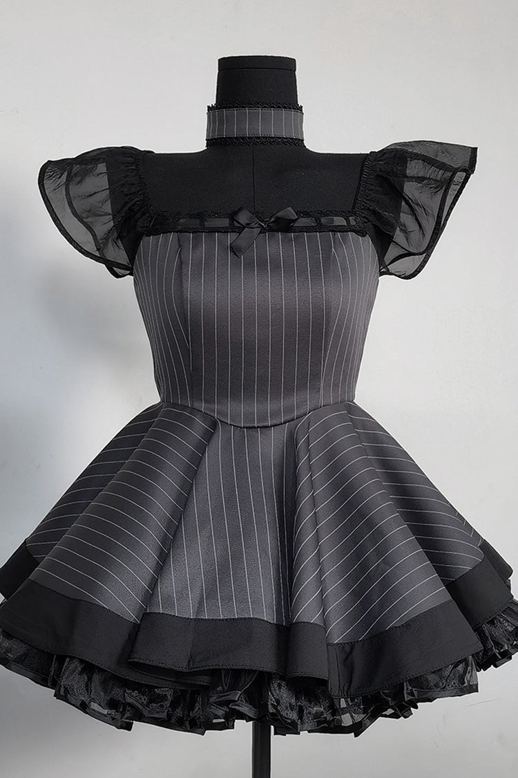 Sweet Lolita Dress - Stripe Print, Gray, Striped, Gothic Style, Bow Detail - additional product view 3