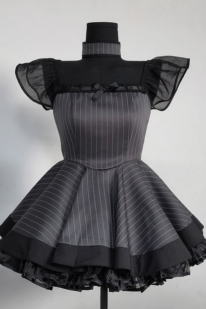 Sweet Lolita Dress - Stripe Print, Gray, Striped, Gothic Style, Bow Detail - additional product view 3