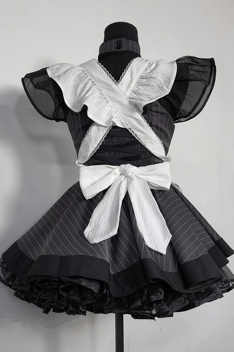 Sweet Lolita Dress - Stripe Print, Gray, Striped, Gothic Style, Bow Detail - additional product view 4