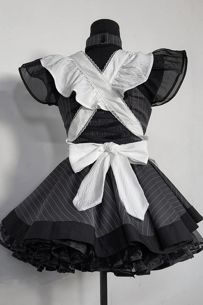Sweet Lolita Dress - Stripe Print, Gray, Striped, Gothic Style, Bow Detail - additional product view 4