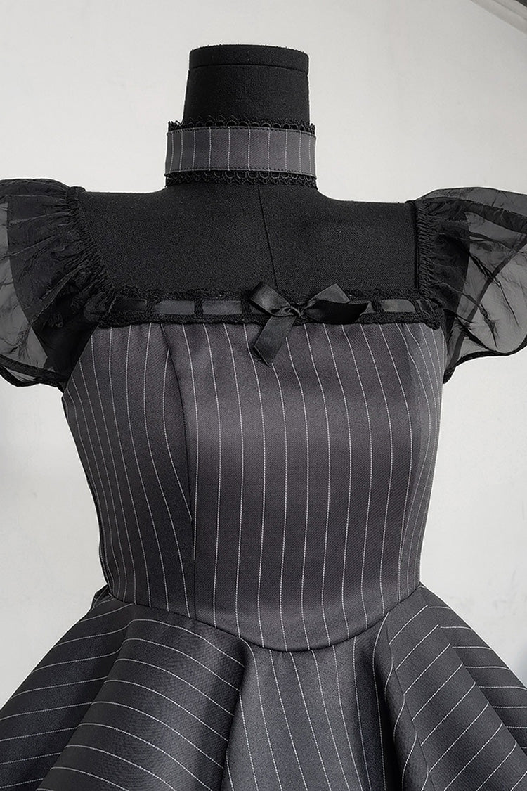 Sweet Lolita Dress - Stripe Print, Gray, Striped, Gothic Style, Bow Detail - additional product view 6