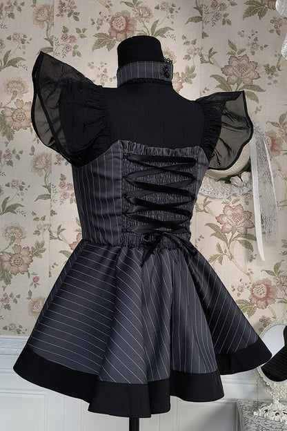 Sweet Lolita Dress - Stripe Print, Gray, Striped, Gothic Style, Bow Detail - additional product view 7