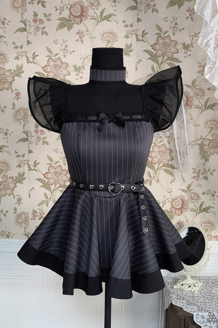 Sweet Lolita Dress - Stripe Print, Gray, Striped, Gothic Style, Bow Detail - additional product view 8