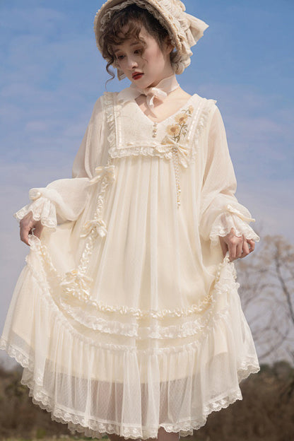 Sweet Lolita Dress - Sunflower Diary, Ivory, Lace Trim, Ruffled, Embroidered - additional product view 2