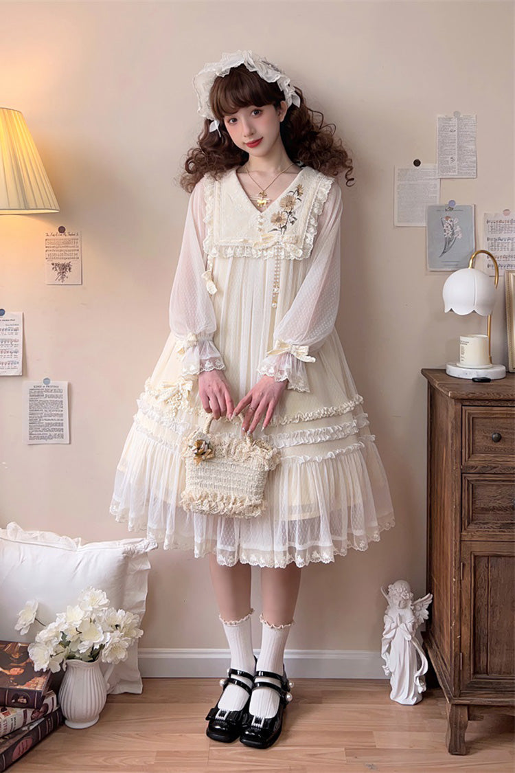 Sweet Lolita Dress - Sunflower Diary, Ivory, Lace Trim, Ruffled, Embroidered - additional product view 3