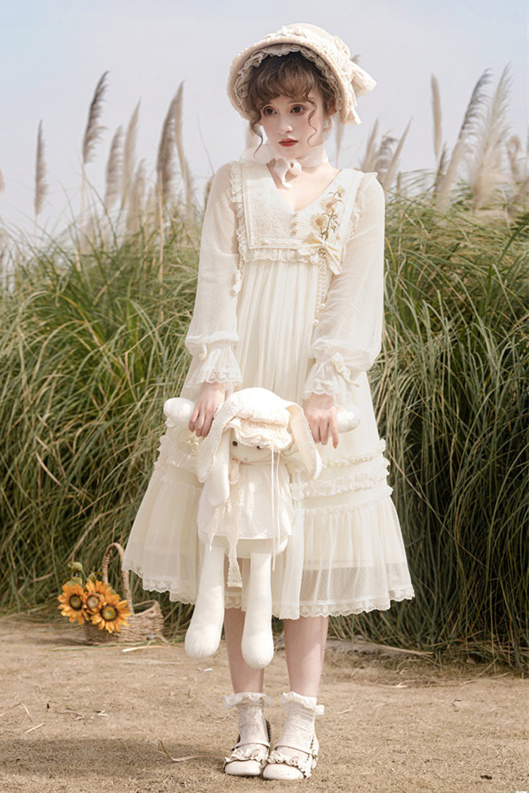 Sweet Lolita Dress - Sunflower Diary, Ivory, Lace Trim, Ruffled, Embroidered - additional product view 4