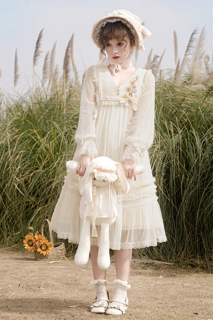 Sweet Lolita Dress - Sunflower Diary, Ivory, Lace Trim, Ruffled, Embroidered - additional product view 4