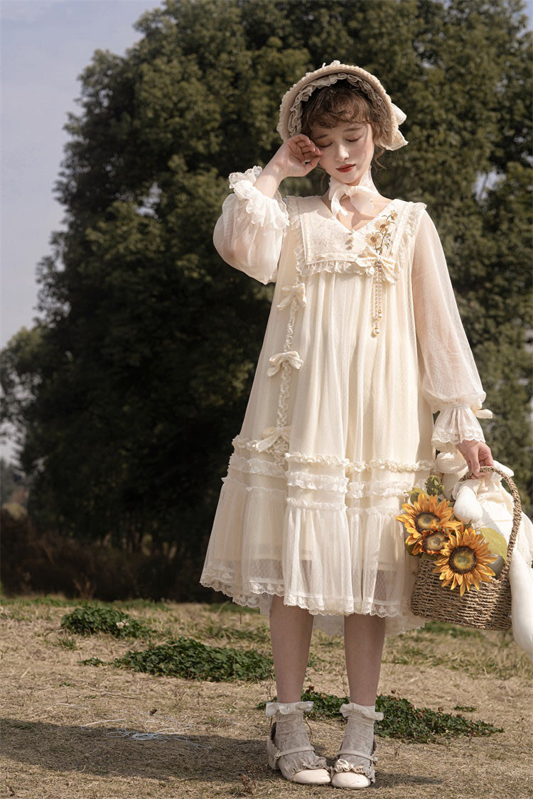 Sweet Lolita Dress - Sunflower Diary, Ivory, Lace Trim, Ruffled, Embroidered - additional product view 5