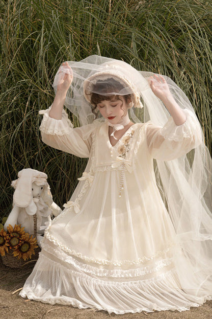 Sweet Lolita Dress - Sunflower Diary, Ivory, Lace Trim, Ruffled, Embroidered - additional product view 6