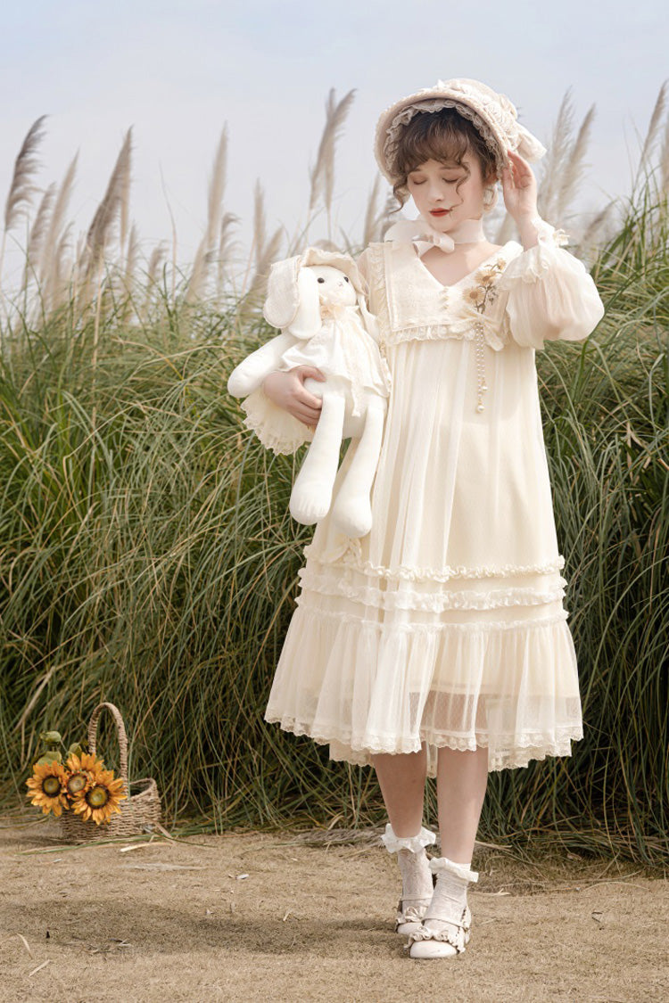 Sweet Lolita Dress - Sunflower Diary, Ivory, Lace Trim, Ruffled, Embroidered - additional product view 7