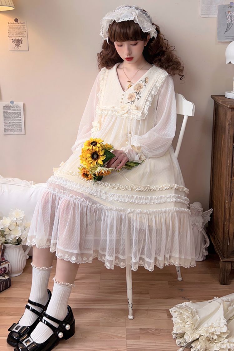 Sweet Lolita Dress - Sunflower Diary, Ivory, Lace Trim, Ruffled, Embroidered - additional product view 10