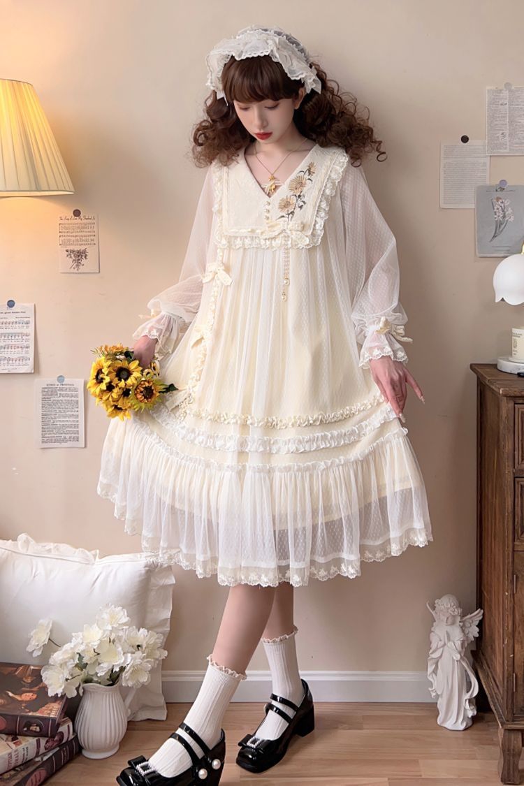 Sweet Lolita Dress - Sunflower Diary, Ivory, Lace Trim, Ruffled, Embroidered - additional product view 11