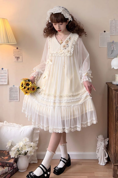 Sweet Lolita Dress - Sunflower Diary, Ivory, Lace Trim, Ruffled, Embroidered - additional product view 11
