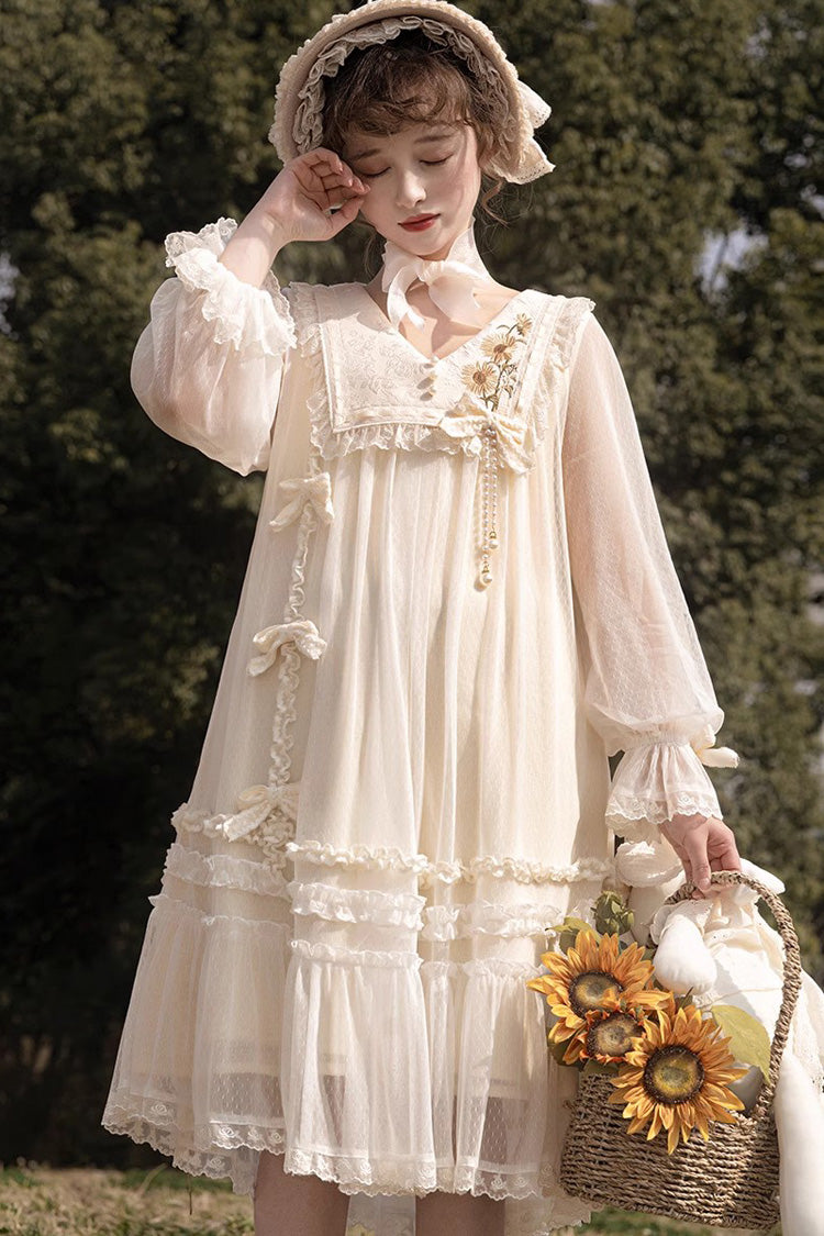 Sweet Lolita Dress - Sunflower Diary, Ivory, Lace Trim, Ruffled, Embroidered - main product image