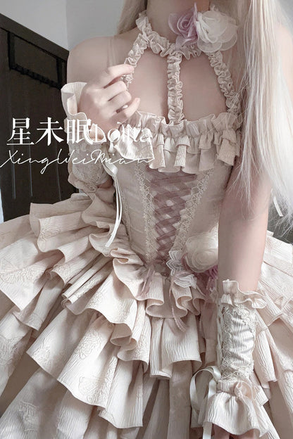 Sweet Lolita Dress - Sunset Venus, 2 Colors, Layered, Halterneck, Bow Detail - additional product view 3