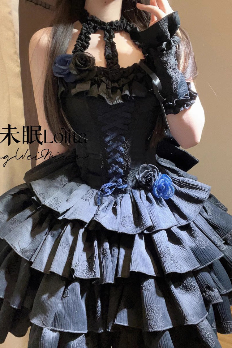 Sweet Lolita Dress - Sunset Venus, 2 Colors, Layered, Halterneck, Bow Detail - S Blue / M Blue / L Blue option