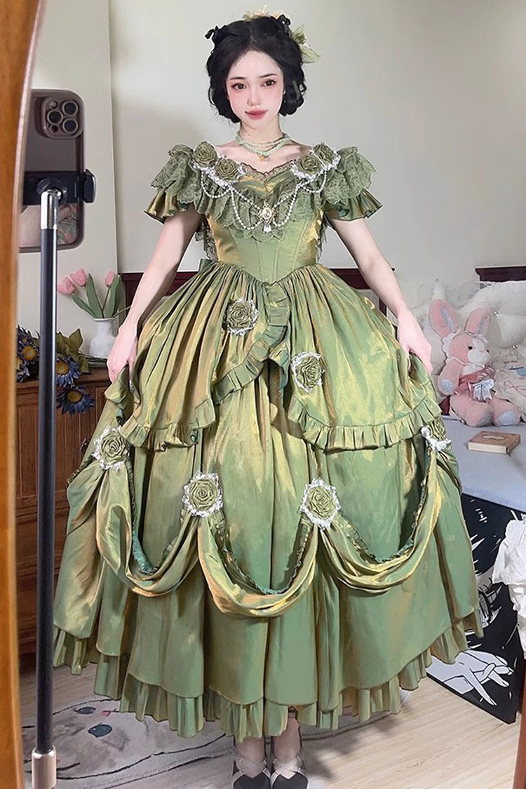 Sweet Lolita Dress - Tana Manor Rose Flower, Green, Long Sleeves, Bow Detail, Ruffled - additional product view 2