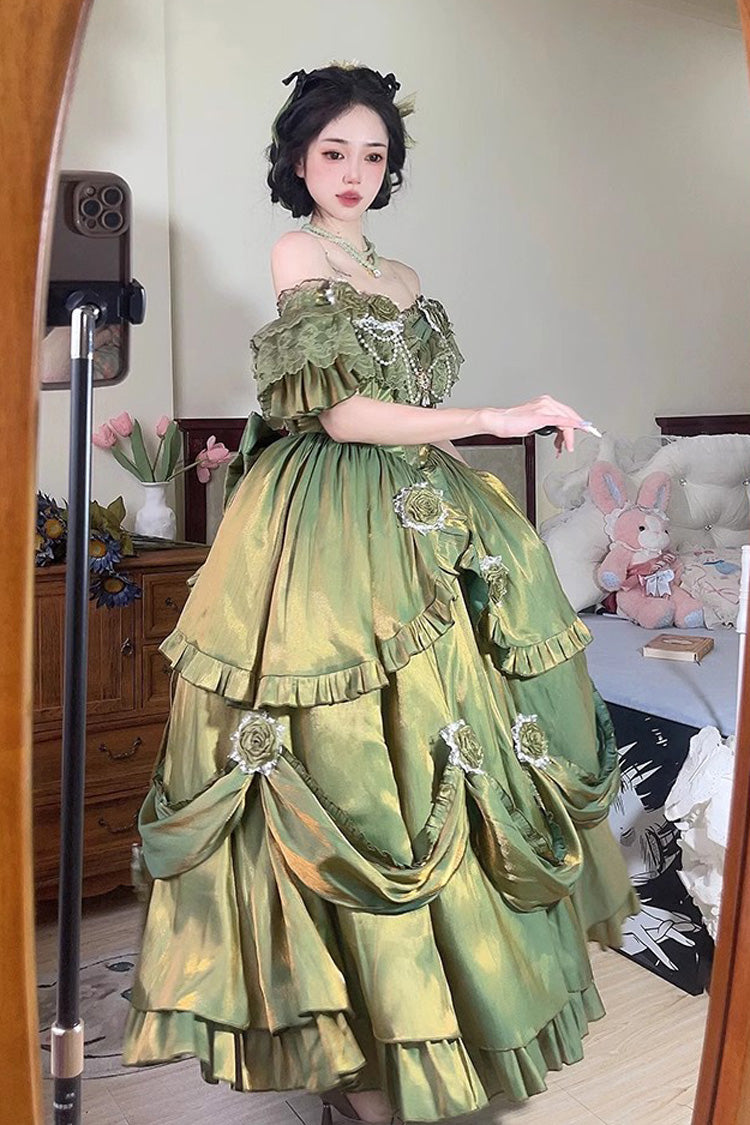 Sweet Lolita Dress - Tana Manor Rose Flower, Green, Long Sleeves, Bow Detail, Ruffled - additional product view 3