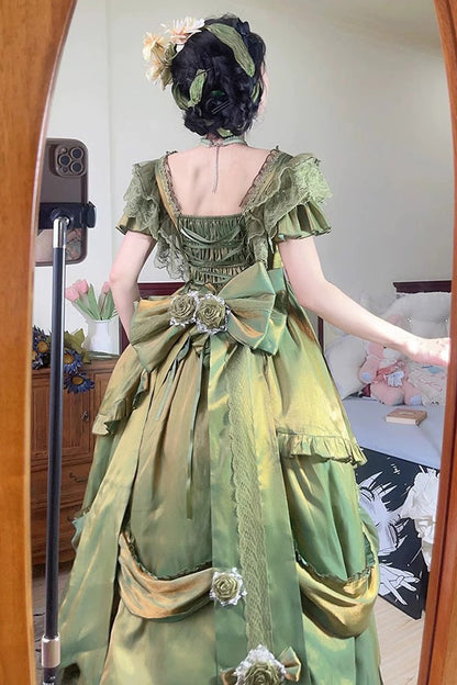 Sweet Lolita Dress - Tana Manor Rose Flower, Green, Long Sleeves, Bow Detail, Ruffled - additional product view 4