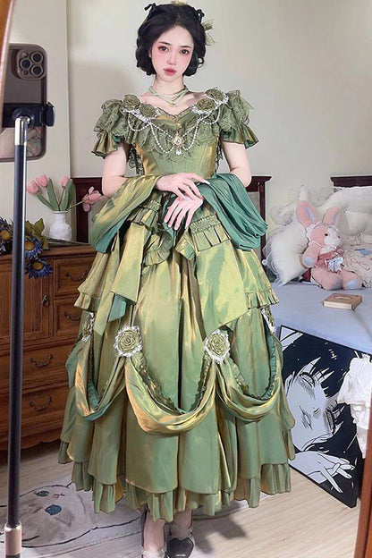 Sweet Lolita Dress - Tana Manor Rose Flower, Green, Long Sleeves, Bow Detail, Ruffled - main product image