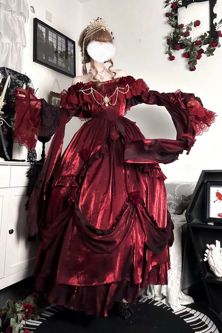 Sweet Lolita Dress - Tana Manor Rose Flower, Red, Bow Detail, Ruffled, Long Sleeves - additional product view 2