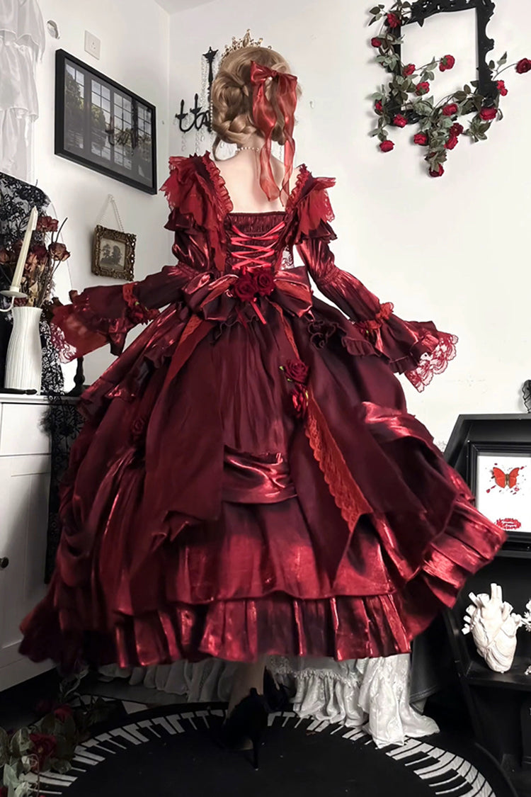 Sweet Lolita Dress - Tana Manor Rose Flower, Red, Bow Detail, Ruffled, Long Sleeves - additional product view 3
