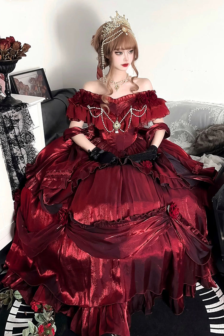 Sweet Lolita Dress - Tana Manor Rose Flower, Red, Bow Detail, Ruffled, Long Sleeves - additional product view 4