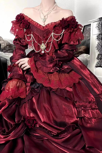 Sweet Lolita Dress - Tana Manor Rose Flower, Red, Bow Detail, Ruffled, Long Sleeves - additional product view 5