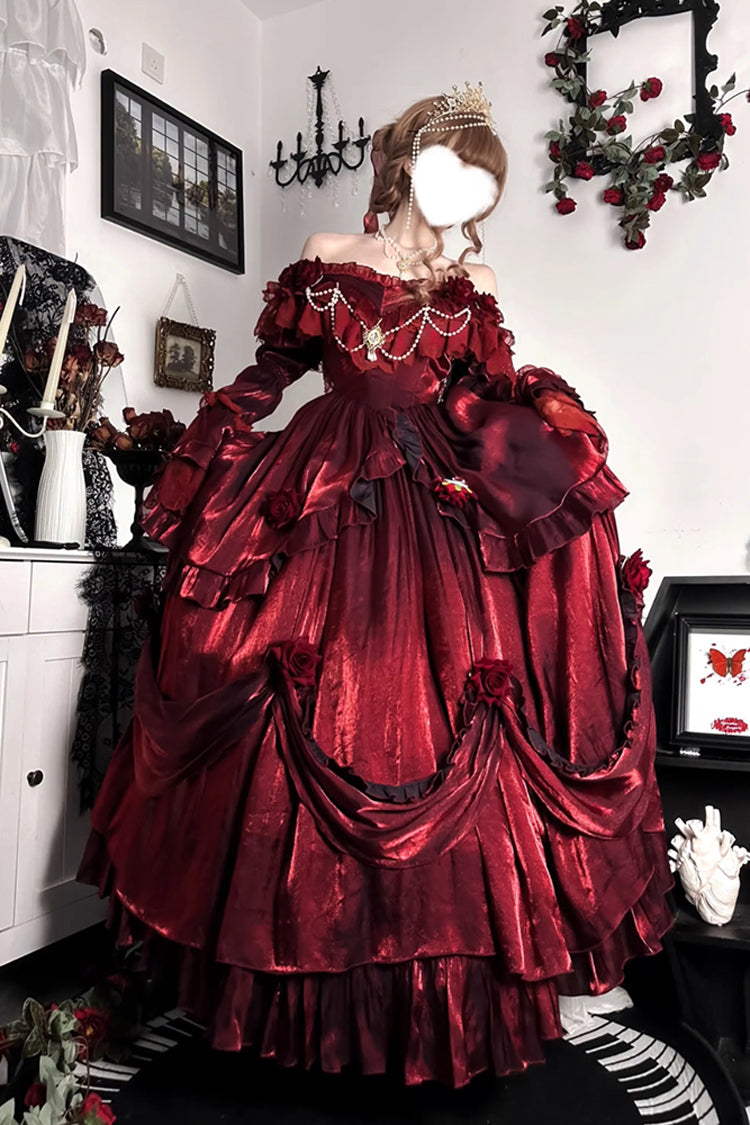 Sweet Lolita Dress - Tana Manor Rose Flower, Red, Bow Detail, Ruffled, Long Sleeves - main product image