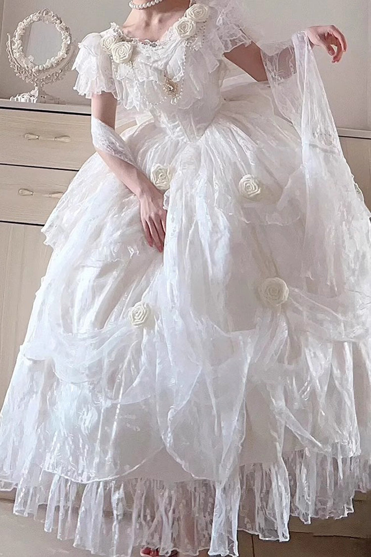 Sweet Lolita Dress - Tana Manor Rose Flower, White, Ruffled, Long Sleeves, Bow Detail - additional product view 2