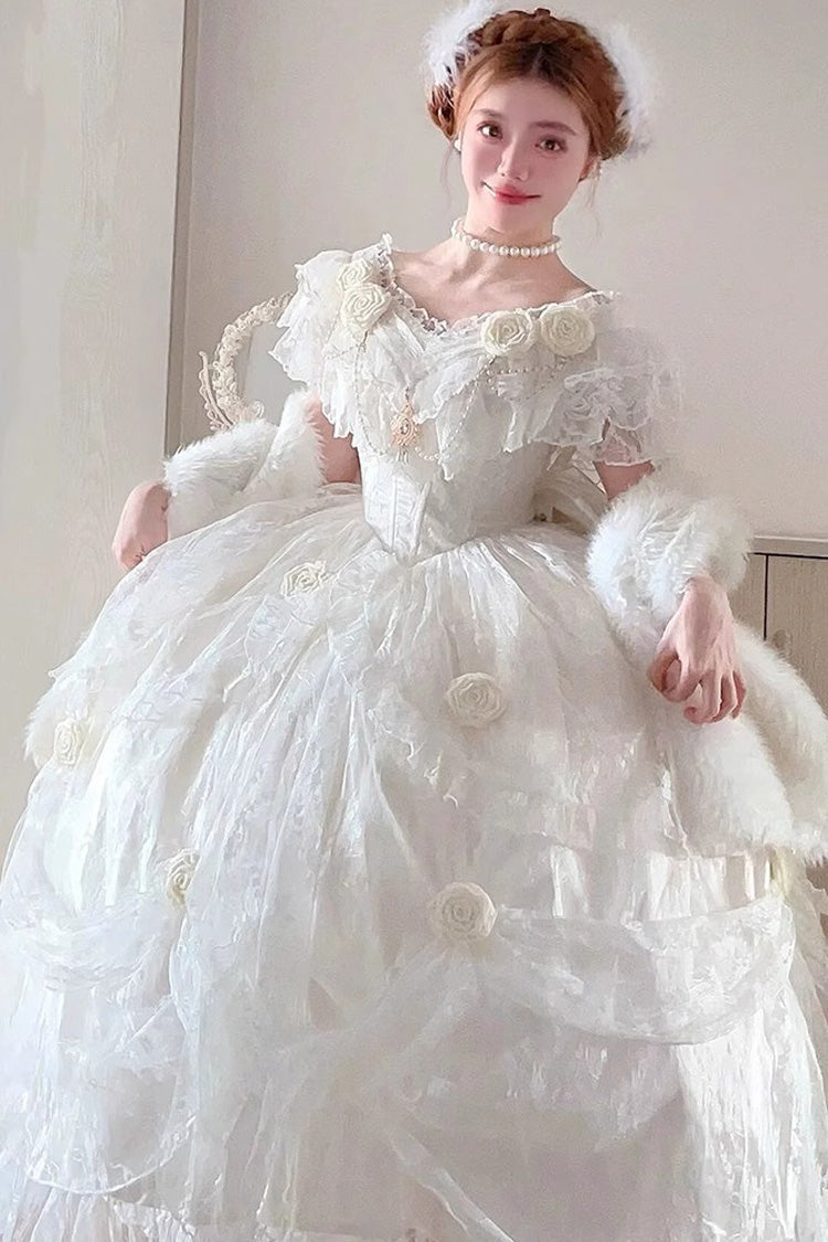 Sweet Lolita Dress - Tana Manor Rose Flower, White, Ruffled, Long Sleeves, Bow Detail - additional product view 3