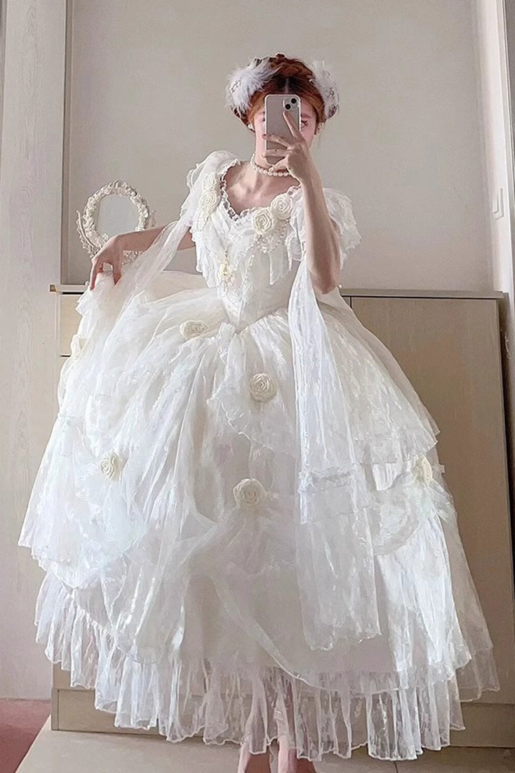 Sweet Lolita Dress - Tana Manor Rose Flower, White, Ruffled, Long Sleeves, Bow Detail - additional product view 4