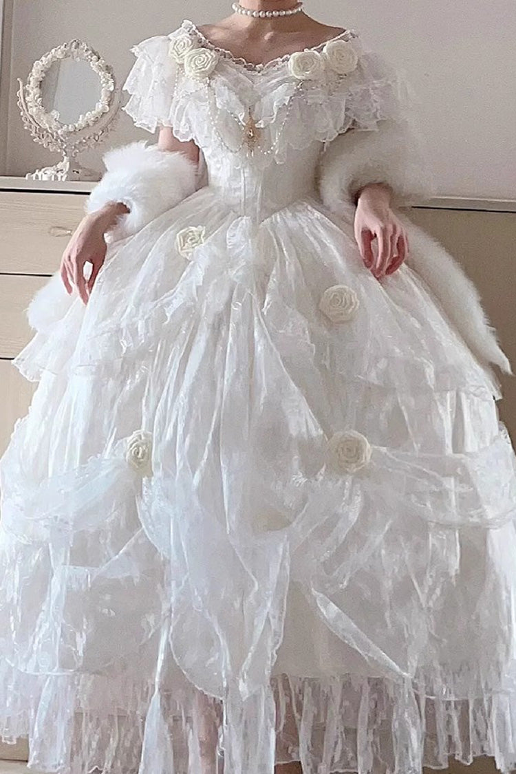 Sweet Lolita Dress - Tana Manor Rose Flower, White, Ruffled, Long Sleeves, Bow Detail - main product image