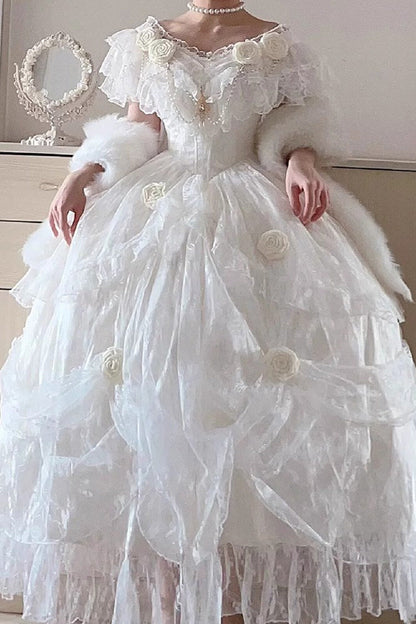Sweet Lolita Dress - Tana Manor Rose Flower, White, Ruffled, Long Sleeves, Bow Detail - main product image